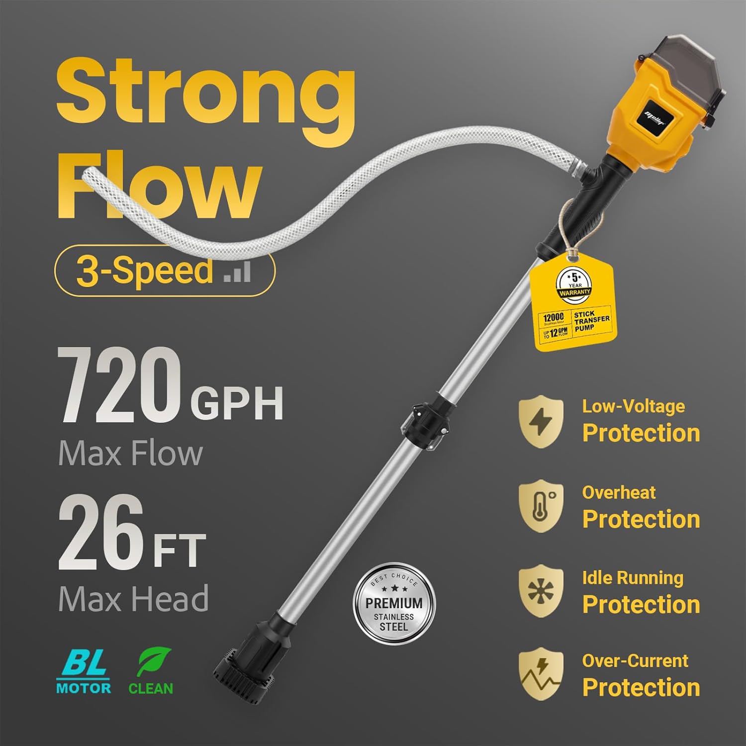 Brushless Stick Water Transfer Pump Compatible with Dewalt 20V Battery(Tool Only), 720GPH Cordless Water Pump Submersible Sump Pump Utility Pump for Pool Garden Pond